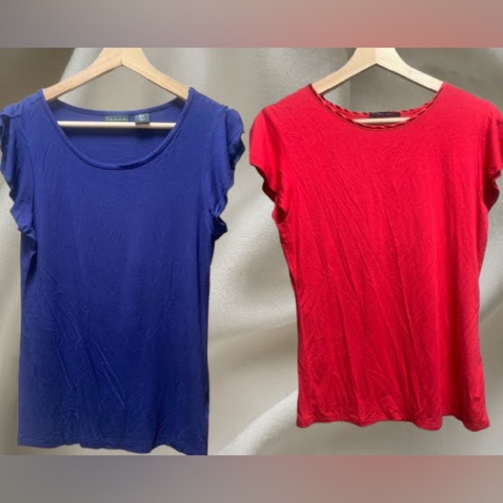 Two T Tahari Red & Blue Fitted Cap Sleeve Tops T-Shirts Size S